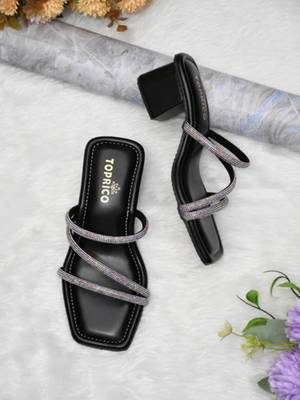 Black sparkly faux leather square toe block heel sandals for wome 2