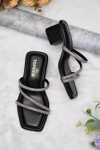 Black sparkly faux leather square toe block heel sandals for wome