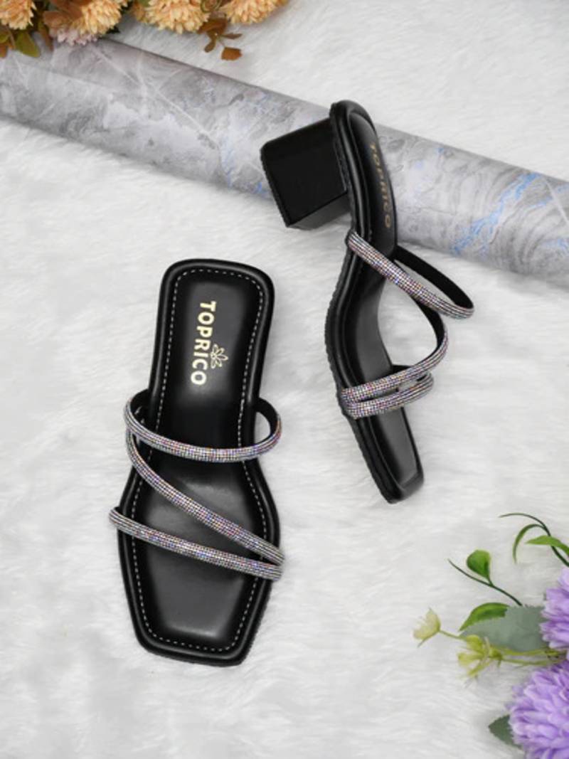 Black sparkly faux leather square toe block heel sandals for wome