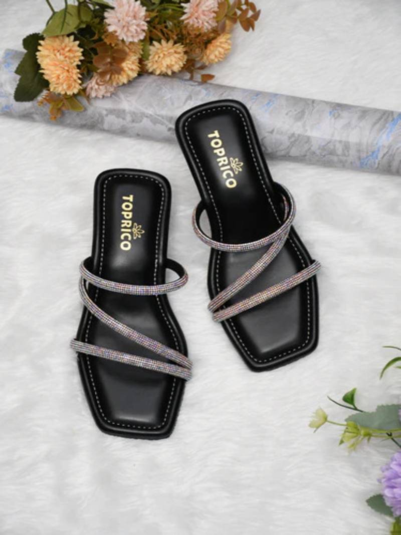 Black sparkly faux leather square toe block heel sandals for wome