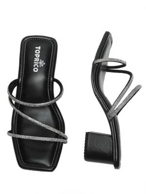 Black sparkly faux leather square toe block heel sandals for wome 4