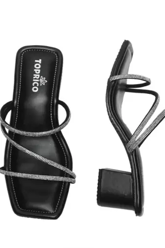 Black sparkly faux leather square toe block heel sandals for wome