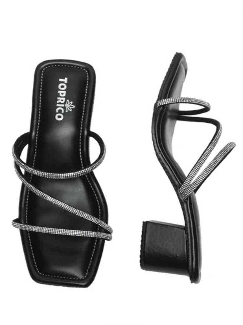 Black sparkly faux leather square toe block heel sandals for wome