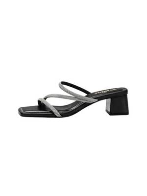 Black sparkly faux leather square toe block heel sandals for wome 5