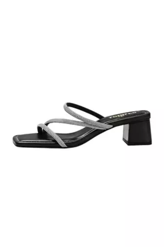 Black sparkly faux leather square toe block heel sandals for wome