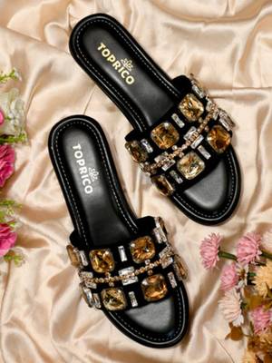 Black crystal embellished faux leather wedge heels for women 1