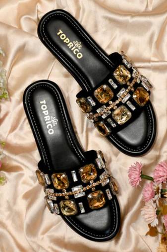 Black crystal embellished faux leather wedge heels for women