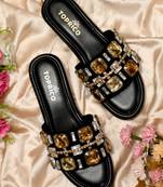 Black crystal embellished faux leather wedge heels for women