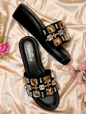 Black crystal embellished faux leather wedge heels for women 2