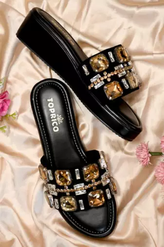 Black crystal embellished faux leather wedge heels for women