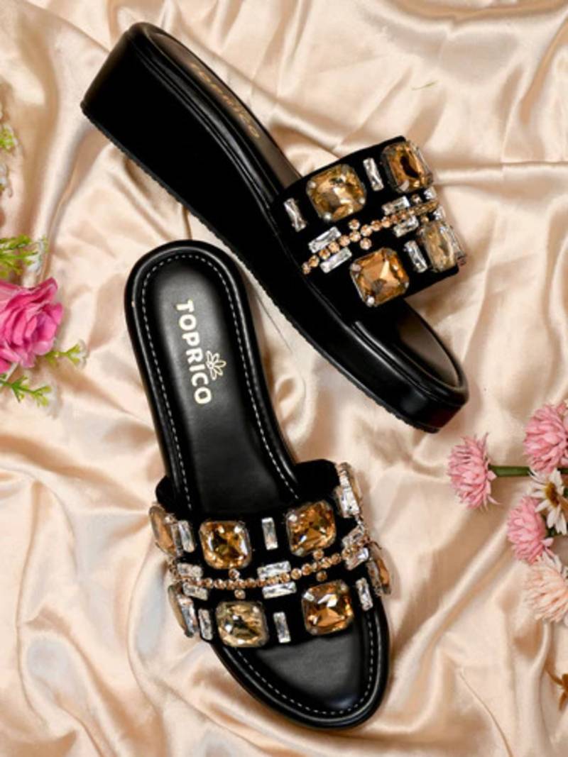 Black crystal embellished faux leather wedge heels for women