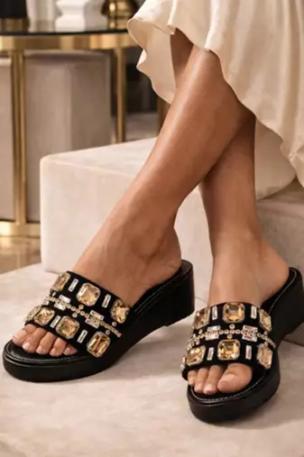 Black crystal embellished faux leather wedge heels for women