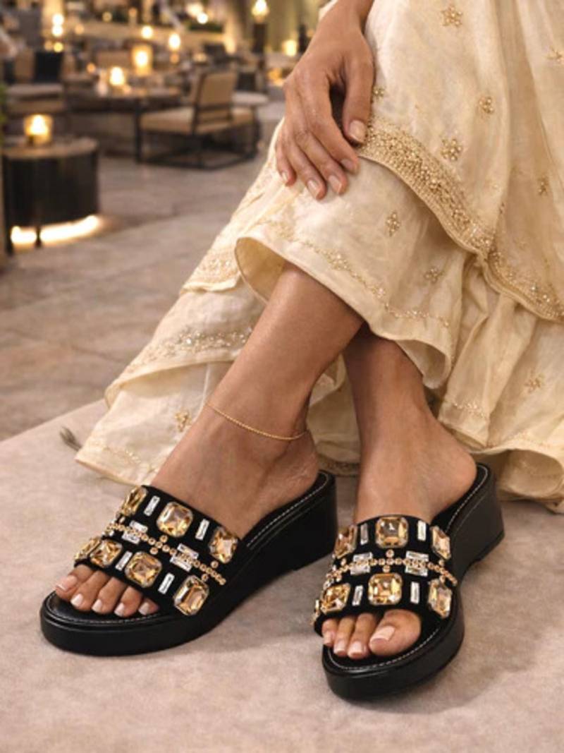 Black crystal embellished faux leather wedge heels for women