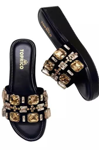 Black crystal embellished faux leather wedge heels for women