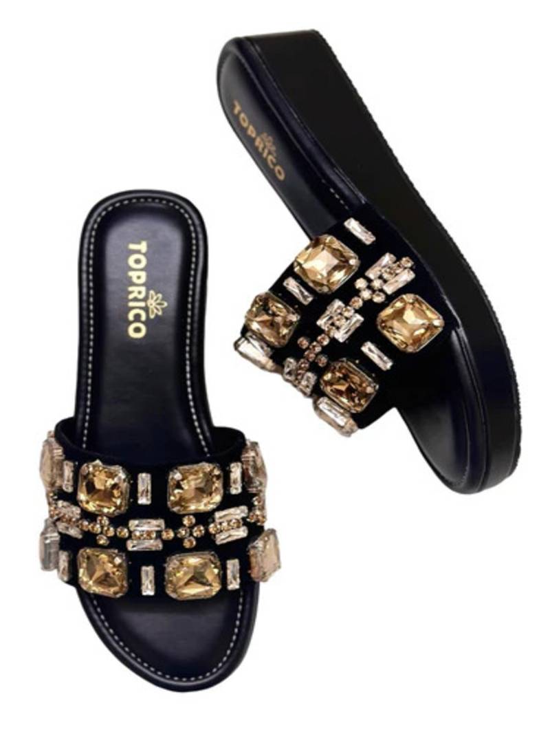 Black crystal embellished faux leather wedge heels for women