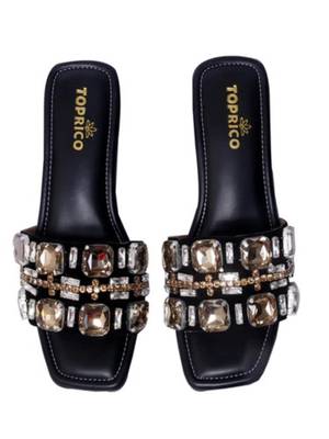 Black crystal embellished artificial leather block heels for women 1