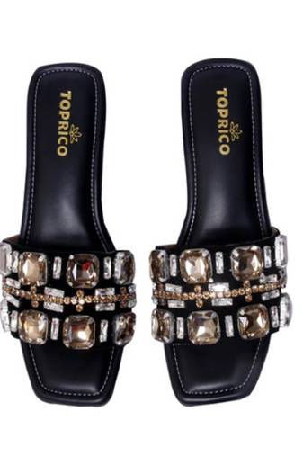 Black crystal embellished artificial leather block heels for women