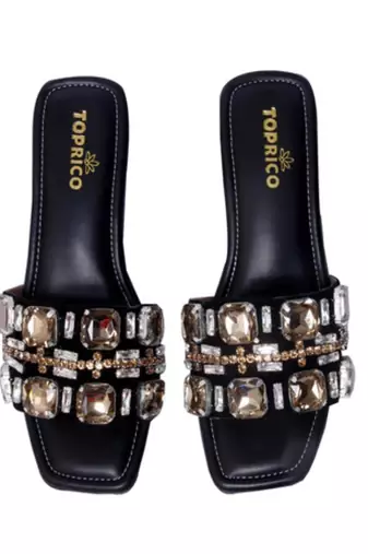 Black crystal embellished artificial leather block heels for women