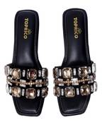Black crystal embellished artificial leather block heels for women