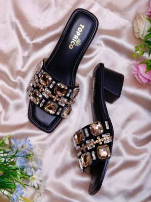 Black crystal embellished artificial leather block heels for women 2
