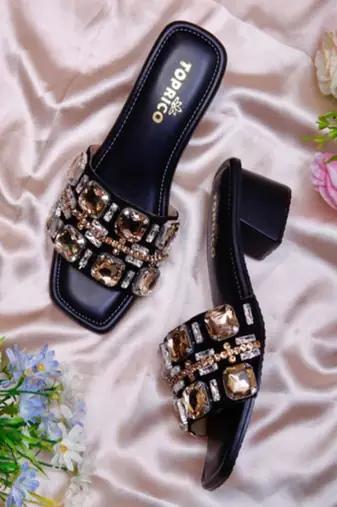 Black crystal embellished artificial leather block heels for women