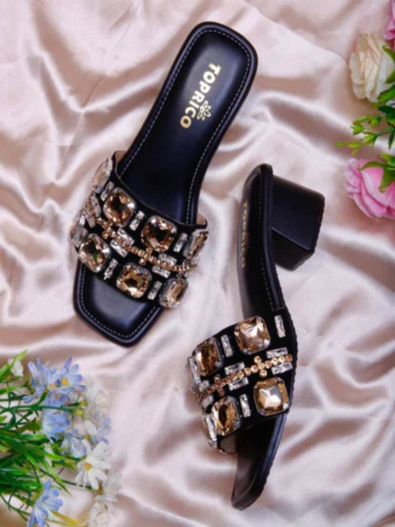 Black crystal embellished artificial leather block heels for women