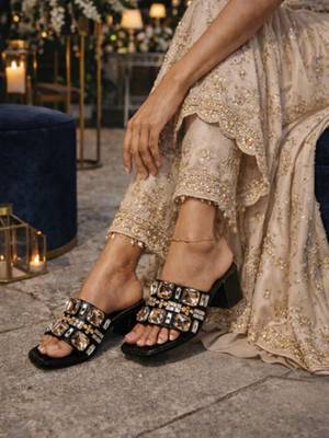 Black crystal embellished artificial leather block heels for women 3