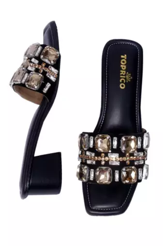 Black crystal embellished artificial leather block heels for women