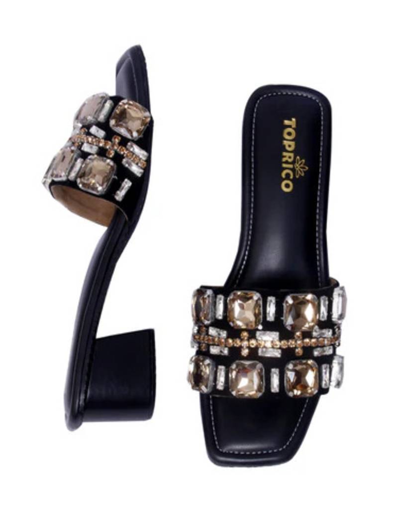Black crystal embellished artificial leather block heels for women