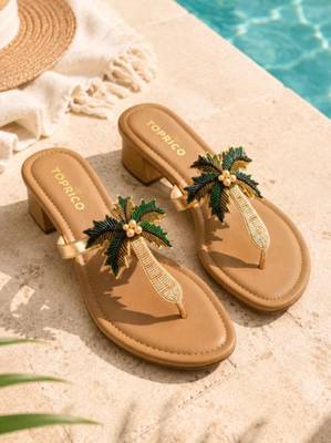 Tan beaded faux leather palm tree block heel sandals for women 1