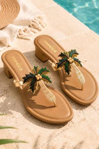 Tan beaded faux leather palm tree block heel sandals for women