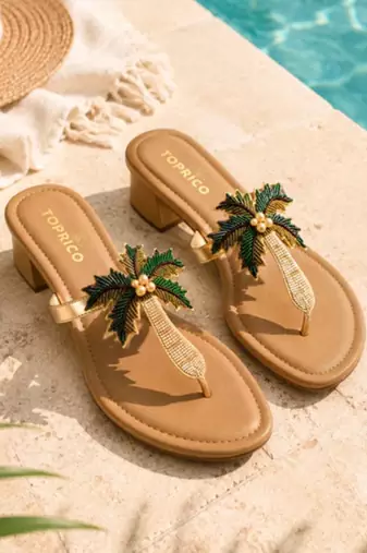Tan beaded faux leather palm tree block heel sandals for women