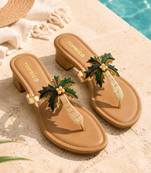 Tan beaded faux leather palm tree block heel sandals for women