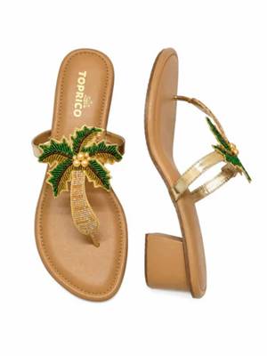 Tan beaded faux leather palm tree block heel sandals for women 4