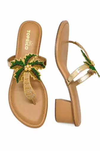 Tan beaded faux leather palm tree block heel sandals for women