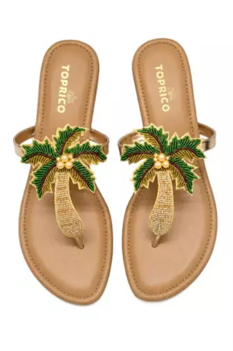 Tan beaded faux leather palm tree block heel sandals for women