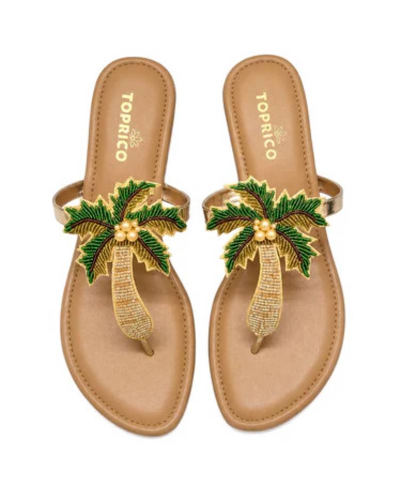 Tan beaded faux leather palm tree block heel sandals for women