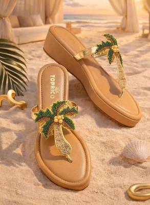 Tan beaded embroidered faux leather platform heels for women 1