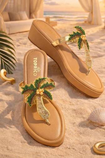 Tan beaded embroidered faux leather platform heels for women