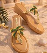 Tan beaded embroidered faux leather platform heels for women