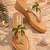 Tan beaded embroidered faux leather platform heels for women