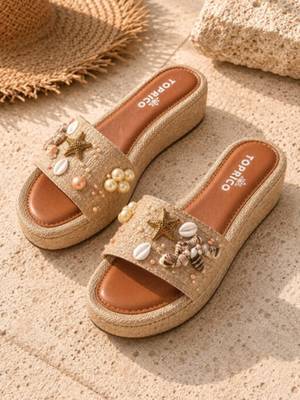 Tan embellished faux leather jute platform wedges for women 1