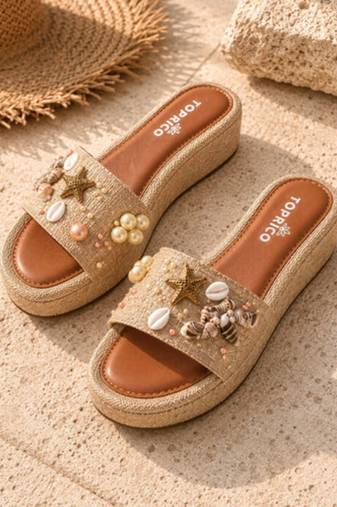 Tan embellished faux leather jute platform wedges for women