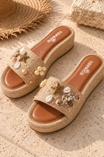 Tan embellished faux leather jute platform wedges for women