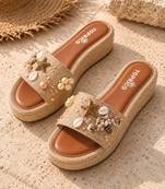 Tan embellished faux leather jute platform wedges for women