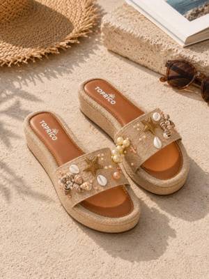 Tan embellished faux leather jute platform wedges for women 2