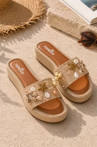 Tan embellished faux leather jute platform wedges for women