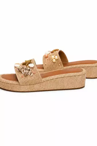 Tan embellished faux leather jute platform wedges for women