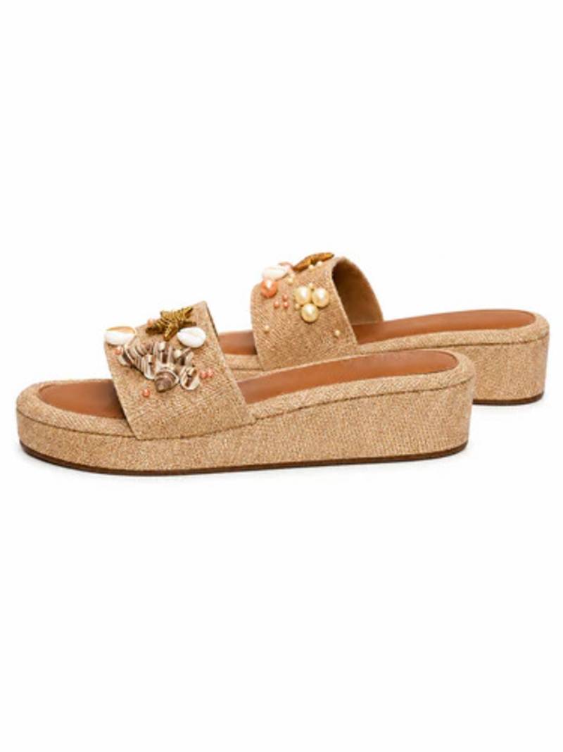 Tan embellished faux leather jute platform wedges for women