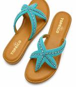 Tan starfish embellished faux leather platform slides for women
